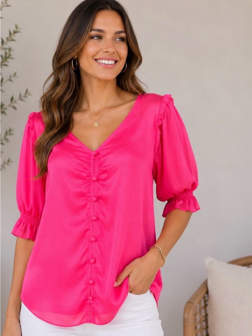 Rachel Zoe Hot Pink Ruffle Puff Sleeve Blouse Button Front Top Size Medium
